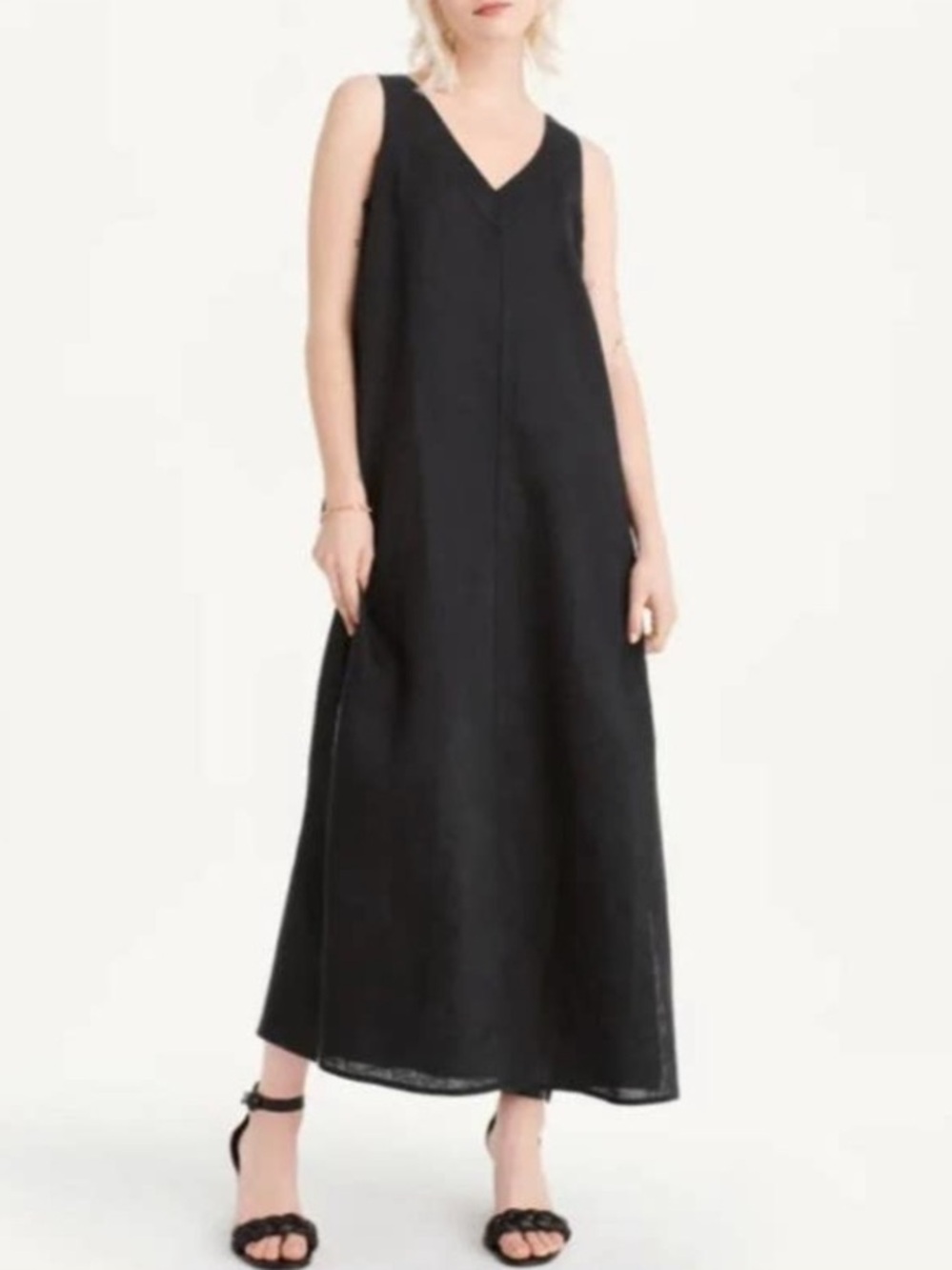 NWT DKNY Pure Linen V-Neck Sleeveless Side Slit Hem Maxi Dress Black size XS